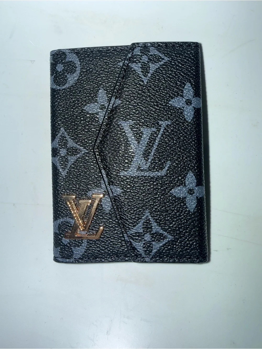 Luxury Style Black Monogram Accordion Card Holder Wallet Gold Tone Compact Case